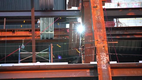 Manhattan, New York USA - November 23. 2019: Construction at Hudson Yards in Manhattan. Welding on iron. Sparks from welding