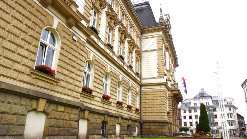 Bielsko-Biala, slaskie voivodeship / Poland - 06.12.2020: View at the bielsko biala town hall.  Sunny weather.Place of office of the president of Bielsko. Tourists attraction 