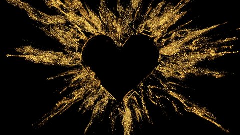 Golden shining glitter burst explosion forming a heart shaped hole. St. Valentines Day love animation. Vivid bokeh sparkles, glowing particles. Romantic lovely logo copy space. Alpha copyspace 4k