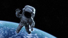 Astronaut Waving in Earth Orbit. Beautiful High Detailed 3d Animation, Ultra HD 4K 3840x2160 - Powered by Shutterstock - Get 15% off with code: PIKWIZARD15