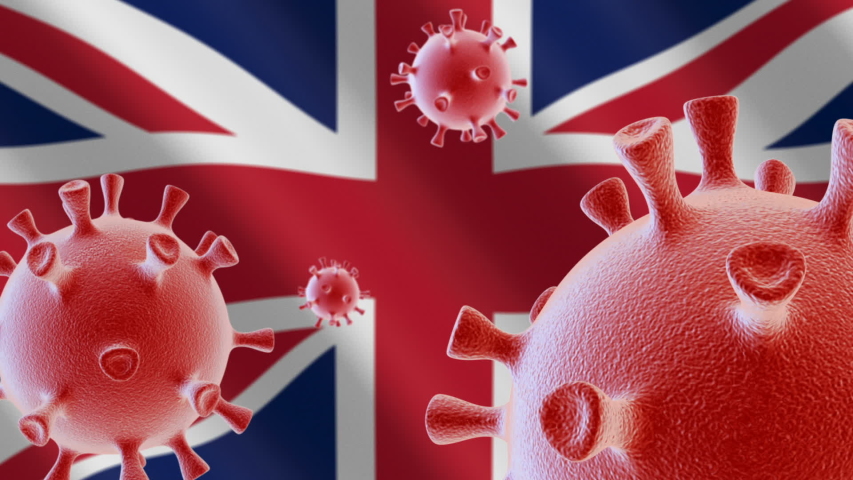 COVID-19. Coronavirus cells on the background of the flag of Britain Royalty-Free Stock Footage #1054233326