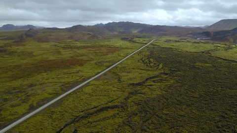 Aerial Road through Eldhraun lava fields. Iceland.