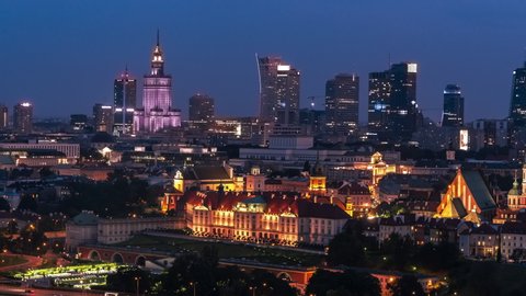 Establishing Aerial View Shot of Warsaw, City Panorama, PKiN, Warszawa, Poland Polska evening night