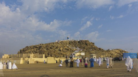 Time lapse of Muslims at Mount Arafat (or Jabal Rahmah) in Arafat, Saudi Arabia. This is the place where Adam and Eve met after being overthrown from heaven. Prores UHD