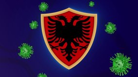Shield of Albania national flag protection animation. Country medicine protection from coronavirus attacking