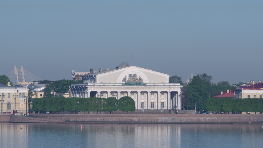 Historic Stock Exchange building on the Vasilievsky Island and the Neva, St. Petersburg, Russia