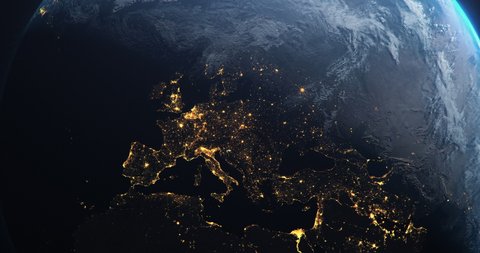 Planet Earth from Space European Union Countries highlighted teal glow, 2020 political borders and counties, city lights, animation 3d illustration