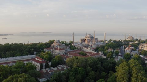 Aerial view of Hagia sophia and Topkapi Palace. Istanbul Historical Peninsula landscape. 4K Drone Footage in Turkey