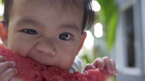 portrait of a baby eating fresh watermelon by herself