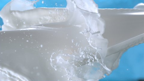 Splashes of Milk Fresh Cream in the Air on Blue Background Close-up in High Speed at 1500 fps