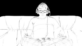Outline white sketch of young gamer in glasses and big headphones is sitting on a couch, playing in video games on black background.