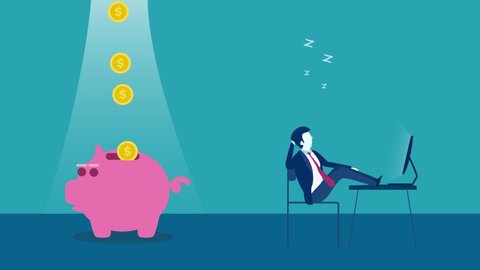 Passive income concept. Animated cartoon design of businessman sleeping while working near a piggy bank filled golden coins. Shot in 4k resolution
