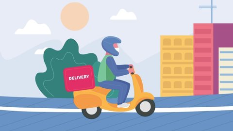 Delivery service footage. Cartoon young man in medical mask riding a  Scooter Motorcycle with delivery box on it. Looped animation. Man on cityscape background.