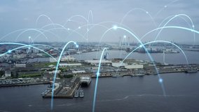 Modern port and ships aerial view and communication network concept. Ship radio. 5G. IoT. - Powered by Shutterstock - Get 15% off with code: PIKWIZARD15