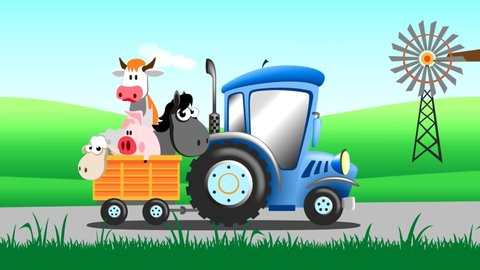 Cartoon tractor carries animals on a rural road. Looped animation.