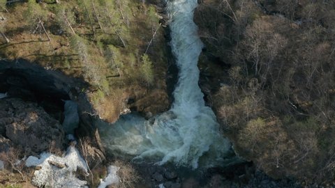 Aerial view of the wild river running through the narrow rocky canyon. The turbulent mass of water following all curves and turns, foaming and raging. Piles of old snow still lay in the forest.
