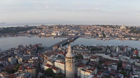 Aerial view of Galata Tower and Golden Horn. Empty Streets without people. Quarantine days. Istanbul Historical Peninsula Landscape. 4K Footage in Turkey