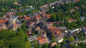 Aerial view of the city and castle Thurnau in Germany on a sunny day in spring. During the coronavirus lockdown.