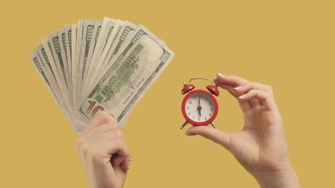 Money time. Woman hands with dollar fan alarm clock. Set of 3 gestures isolated on orange yellow background.