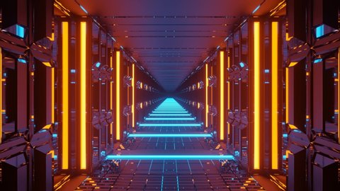Motion graphics sci fi: travel inside futuristic spaceship long corridor with bright orange neon columns with teal horizontal intermittent short lines