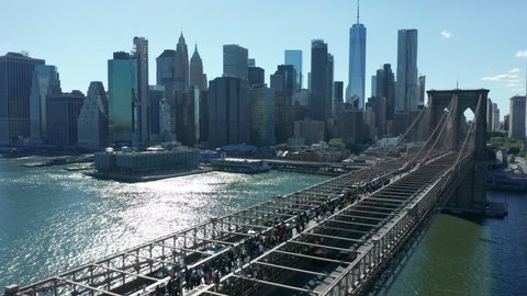 flying alongside Brooklyn Bridge as BLM march crosses towards Manhattan