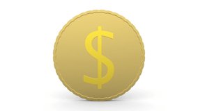 3d Gold coins rotates on white background. one dollar coin spins. 3d render realistic 4k HD for your video	