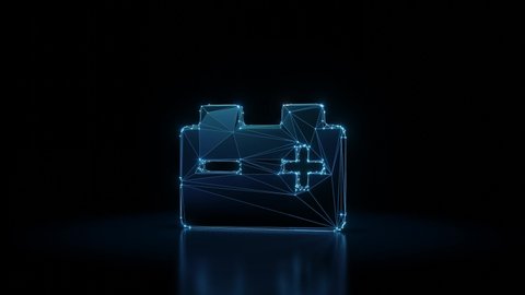3d rendering seamless loop 4k rotation wireframe neon glowing symbol of car battery with shining dots on black background with blured reflection on floor
