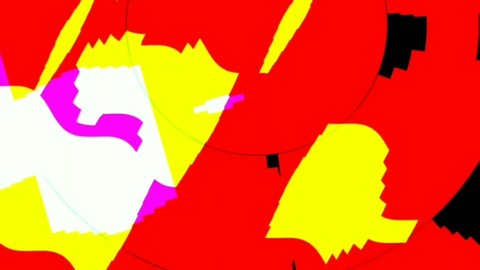Computerized animation of colorful random haphazard designs and shapes,ing on red background. Motion graphics. VJ loops.