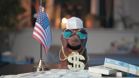 Nodding dog with gold and diamonds necklace, baseball hat, stacks of money and sunglasses, shaking his head next to an American flag. Left to right, slide shot, hat turned sideways.