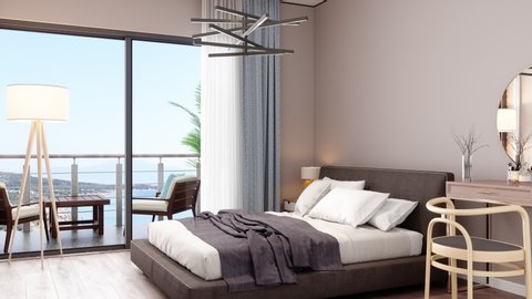 3d Rendering of Modern Luxury Bedroom, Makeup Table and Balcony With Sea View