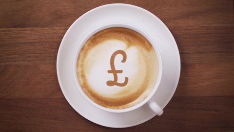 A hot drink, bring a tea or coffee, with the pound symbol on it.