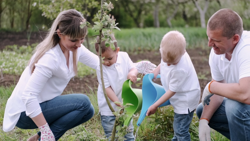 Parents and kids plant tree. Everyone wears white clothes. Adults teach kids planting. Royalty-Free Stock Footage #1054341437