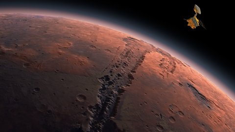 Mars Reconnaissance Orbiter, MRO orbiting Mars. Mars Planet Rotating in the outer space.Traveling to the red planet Mars in space. Elements of this video furnished by NASA.