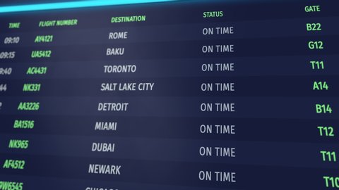Airport flight information board. Screen displays flight status changes from different destinations and cities all over world. On time, delays, cancelled signs and plane board numbers. 3D Animation