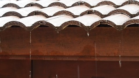 Rain water dropping from brown ceramic tile roof in day time.  Raining in motion. 
