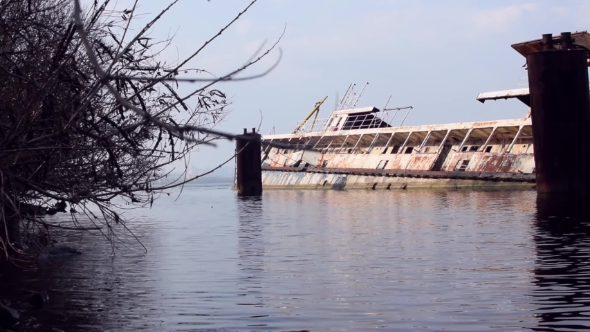 View of an old rusty sunken ship.