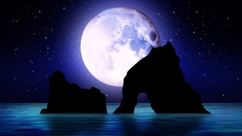 beautiful moon on sea, mountain in sea and night sky, loop motion background 4K.