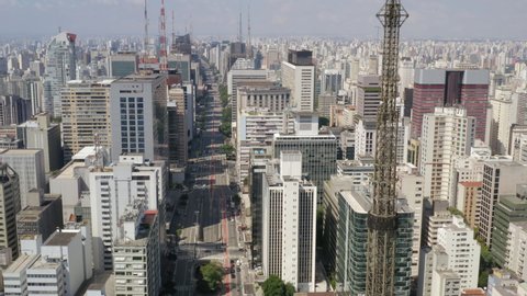 Aerial view of Paulista avenue empty during Covid Quarantine , Sao Paulo, Brazil