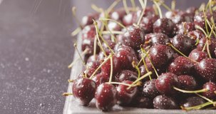 Tracking slow motion video of a wet ripe red cherries. Berries falls to a tray with berries. Drops of water, rain fall on cherries background. Shallow depth of field. 4K video.