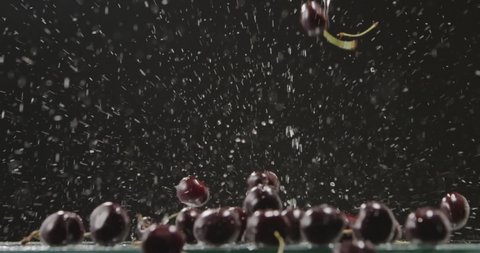 Droplets Water Ripe Cherries Fall Height Stock Footage Video (100%