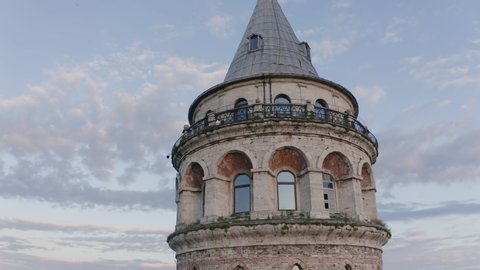 Aerial view of Galata Tower. Istanbul Historical Peninsula Landscape. 4K Footage in Turkey