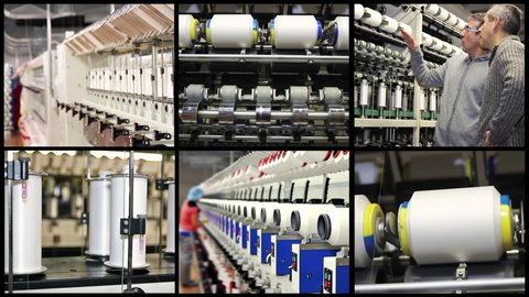 Yarn Manufacturing Plant - Textile Industry Conceptual Video Wall. Textile Fabric Manufacturing Machines in Work. Automated Yarn Production in Modern Textile Plant. Supervisor Meeting With Engineer.