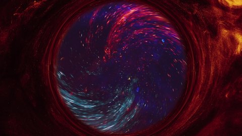 Colorful swirl. Space portal. Red blue sparks flow in orange glitter fog circle hypnotic motion.