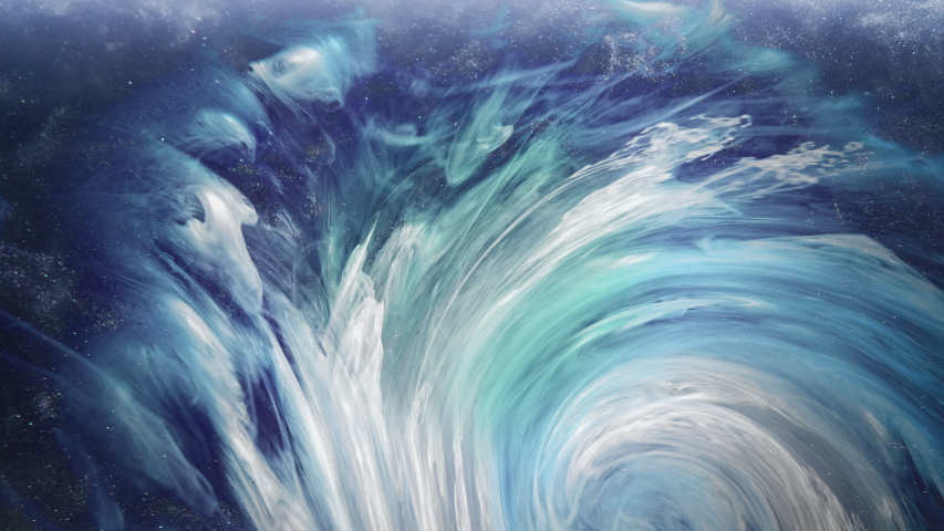 Ink water swirl. Ocean wave. Blue white glitter vapor vortex abstract background.