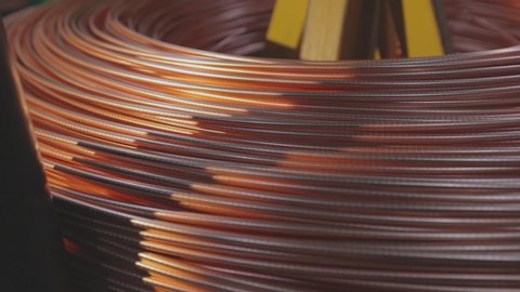 The copper cable is twisted into a skein. Copper cable manufacturing process. Cable factory
