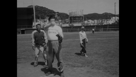 CIRCA 1955 - Boxers train in San Rafael, California by jogging and punching speed bags, then play baseball with some boys who are fans.
