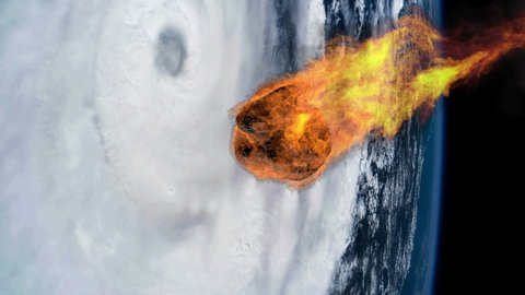 Meteorite Falling to Earth with a Hurricane. Asteroid, comet, meteorite enters the earth's atmosphere. Attack of the meteor. End of the world. Elements of this image furnished by NASA. 3d rendering.