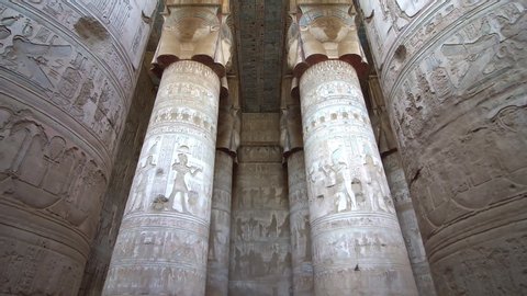 Interior of Dendera temple or Temple of Hathor. Egypt. Dendera, Denderah, is a small town in Egypt. Dendera Temple complex, one of the best-preserved temple sites from ancient Upper Egypt.
