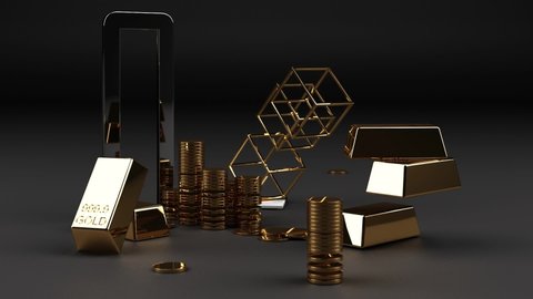 Gold bars, coins and riches. A scene of cluttered treasure and diamonds. Unimaginable wealth 3d rendering with black  background looped animation