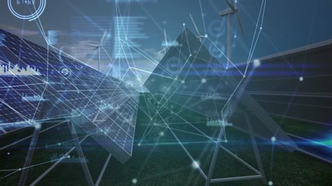 Animation of network connections with solar panels and spinning wind turbines in the background.  Green energy sustainable development concept digital composite.